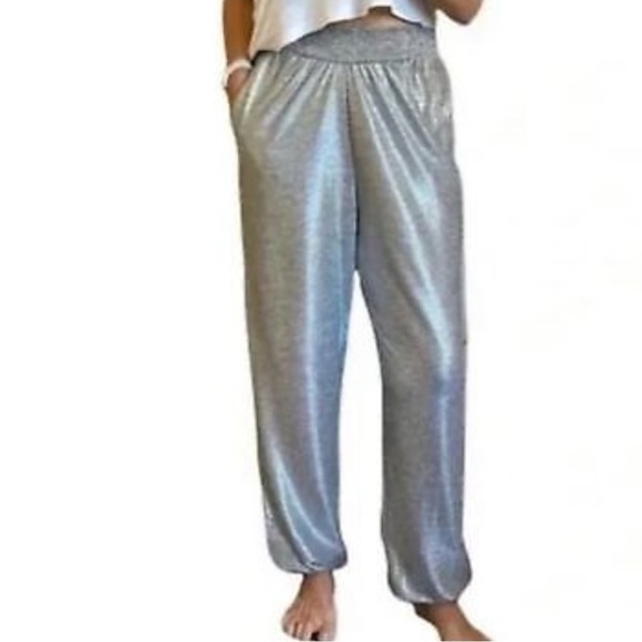 ANTHROPOLOGIE Metallic Silver Elastic Waist High Rise Joggers Size LP NEW - Picture 1 of 7